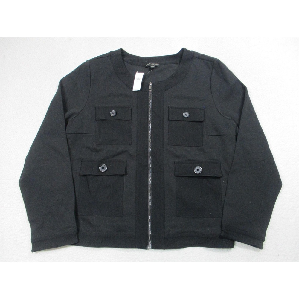 Banana Republic Jacket Womens XL Black‎ Mini Pique Utility Zip Front Four Pocket